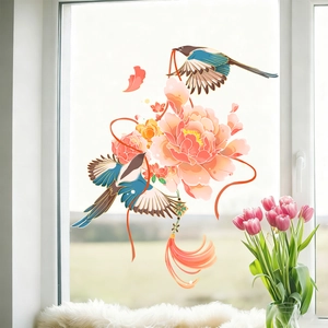 Static cling window film with birds, peony flowers and red tassels for home glass decor
