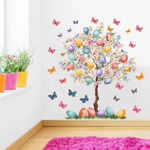 Easter floral tree wall sticker with colorful eggs and butterflies for room decoration