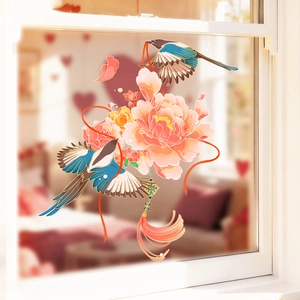 Static cling glass sticker with pink peony, birds, and red tassels for home window decor
