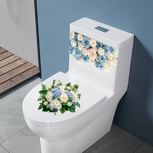 Floral wall stickers featuring blue roses and hydrangeas for bathroom toilet decoration