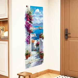 Mediterranean scenery 3D wall sticker with purple bougainvillea and sea view landscape