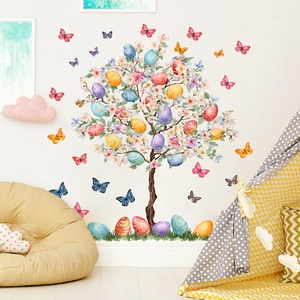 Easter floral tree wall sticker with colorful eggs and butterflies for home wall decor