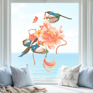 Static cling glass sticker featuring pink peonies and birds for elegant home window decoration