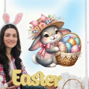 Easter bunny window cling set with cute rabbit in pink dress and 3D Easter lettering