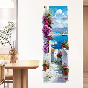 3D broken wall scenic wall sticker with Mediterranean oil painting and bougainvillea view