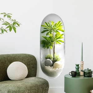 3D self-adhesive wall sticker featuring a realistic green plant in a capsule display