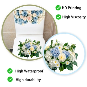 Macro detail of floral toilet stickers showing HD printing and waterproof texture