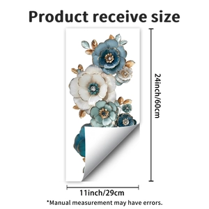 Detailed sheet of blue 3D floral wall stickers showing the 11x24 inch receive size