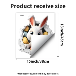 Detailed dimension view of 3D bunny wall sticker with Easter eggs and broken wall effect