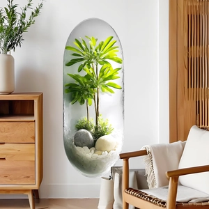 Modern 3D wall hanging plant terrarium with green succulents and white pebbles