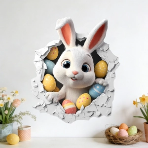 3D cute white rabbit breaking through wall sticker with colorful Easter eggs decor