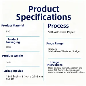 Detailed specifications chart for self-adhesive PVC 3D wall stickers showing sizes and weights