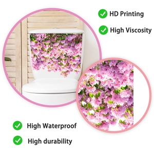 Detail of floral toilet stickers showing high definition pink cherry blossom printing