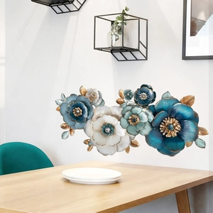 3D blue and white floral wall decor set with gold accents for modern living room interiors