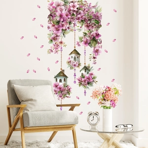 Floral wall decal set with pink cherry blossoms and birdhouse for living room wall decor