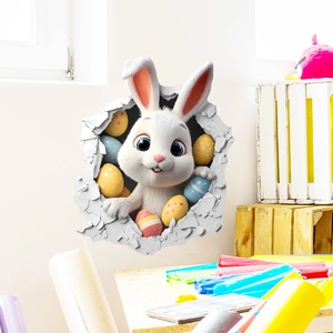 3D wall sticker featuring a cute white rabbit and colorful Easter eggs popping out of a wall
