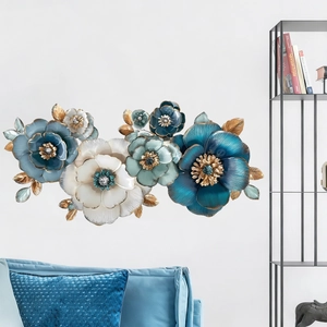 3D metal flower wall decor with blue and gold petals for elegant home living room styling