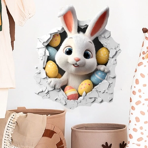3D cute bunny wall sticker with Easter eggs and broken wall effect for kids room decor