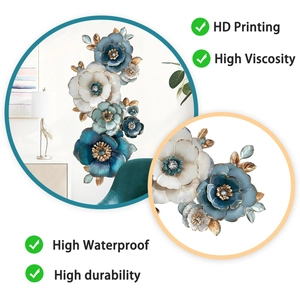 Detail of blue flower wall stickers with HD printing, gold edges and waterproof PVC texture