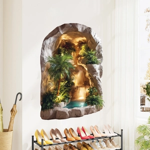 3D wall sticker with waterfall and tropical landscape through a cracked wall effect