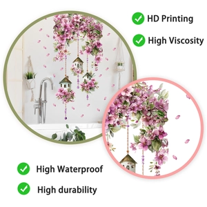 Detail of floral wall sticker with birdhouse and HD printing in a modern bathroom