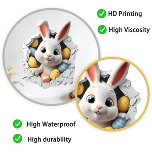 Detail of 3D cracked wall bunny sticker with high definition printing and waterproof texture