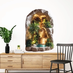 3D hole wall sticker with tropical waterfall landscape and palm trees for home decor