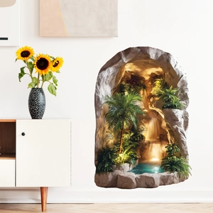 3D broken wall landscape sticker with tropical cave palm trees and waterfall for home decor