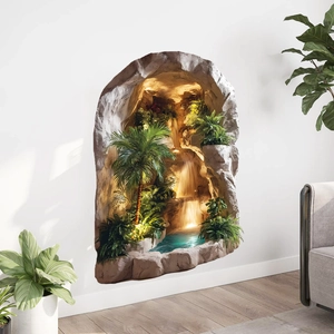 3D broken wall effect wall sticker with tropical waterfall landscape for living room decor