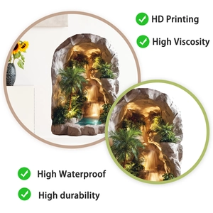 Detail of 3D cracked wall sticker showing tropical waterfall and cave with HD printing