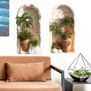 3D Wandtattoo-Set im mediterranen Bogen-Design mit Palmenblättern und Vasen für Wohnzimmer