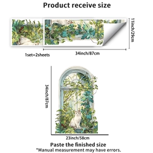 Detailed size guide for 3D faux window cat wall decal with Ivy plants measurement in cm and inches