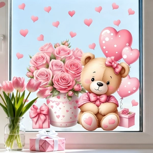 Cartoon Bear Heart Flower Window Sticker Pink Static Cling Glass Decal Romantic Valentine's Day Bedroom Living Room Home Decor