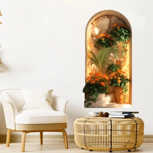 Adesivo murale finestra ad arco 3D con fiori arancioni e piante verdi per casa