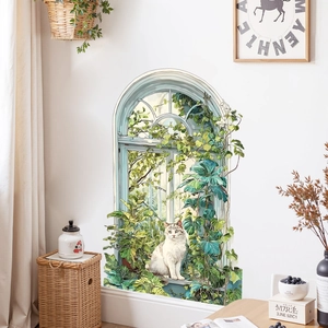 3D arch window wall sticker with white cat and green plants for living room decor