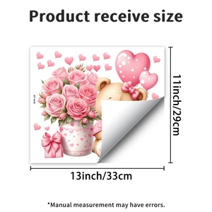 Detailed size specifications for teddy bear and pink rose floral glass window stickers