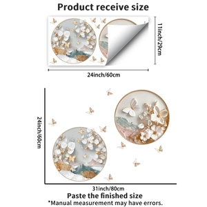 Détail des stickers muraux fleurs papillon 3D avec dimensions précises en cm et en pouces