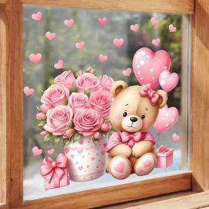 Cute cartoon bear and pink rose window stickers for holiday home glass decoration