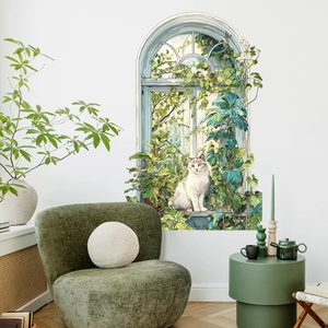 3D arch window wall sticker with cat and green plants for living room decor