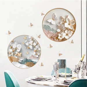 Art mural 3D floral moderne avec cadres dorés et autocollants papillon pour la maison