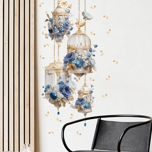 European vintage birdcage and blue rose wall stickers for elegant dining room decor