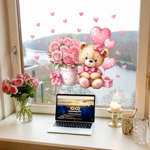 Teddy bear and pink heart static window decals for bedroom and holiday glass decoration