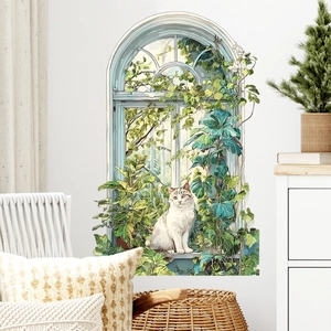 3D cat and window plant wall sticker for home decor with cozy indoor aesthetic