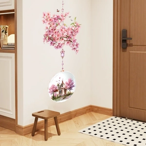 Pink cherry blossom wall sticker with circular forest landscape for home decor