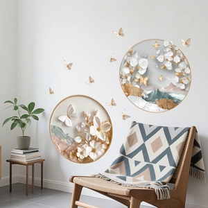Art mural 3D circulaire moderne avec fleurs et papillons dorés pour décor de salon