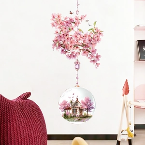 Chinese style cherry blossom wall sticker set for bedroom decor with pink floral landscape