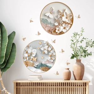 Stickers muraux 3D avec papillons dorés et fleurs blanches pour décor de salon