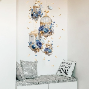 European vintage birdcage and rose wall sticker for dining room and hallway decor