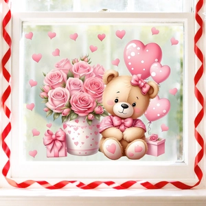 Pink cartoon teddy bear and rose flower window stickers for bedroom glass decoration