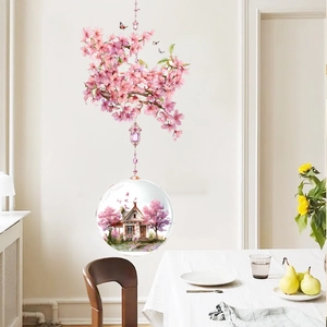 Pink cherry blossom wall sticker with hanging bead chain and round house illustration decal